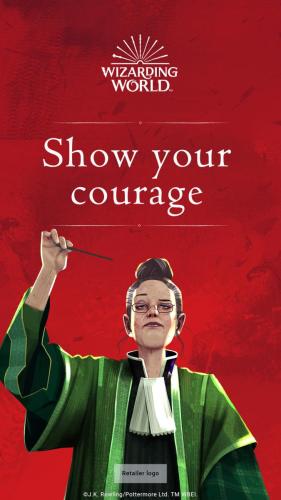 An adult witch wearing green robes holding her wand up to her head. Text reads; Show your courage.