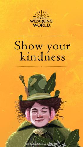 A smiling adult witch wearing green robes and pink ear muffs, holding a potted plant. Text reads; show your kindness.