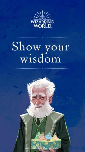 A short, old wizard with pointy ears, wearing green robes holding his wand in one hand and a box of cupcakes in the other. Text reads; Show your wisdom.