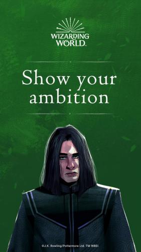 A pale wizard with shoulder length black hair, wearing black robes and holding his wand. Text reads; Show your ambition. 