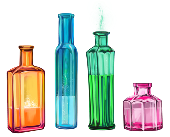 Illustration of four potion bottles